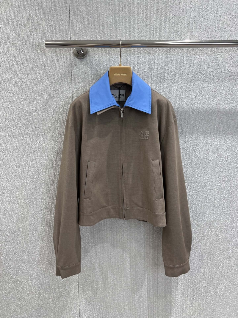 Miu Miu 25FW Early Autumn Embroidered Logo Gabardine Blue Collar Cropped Jacket