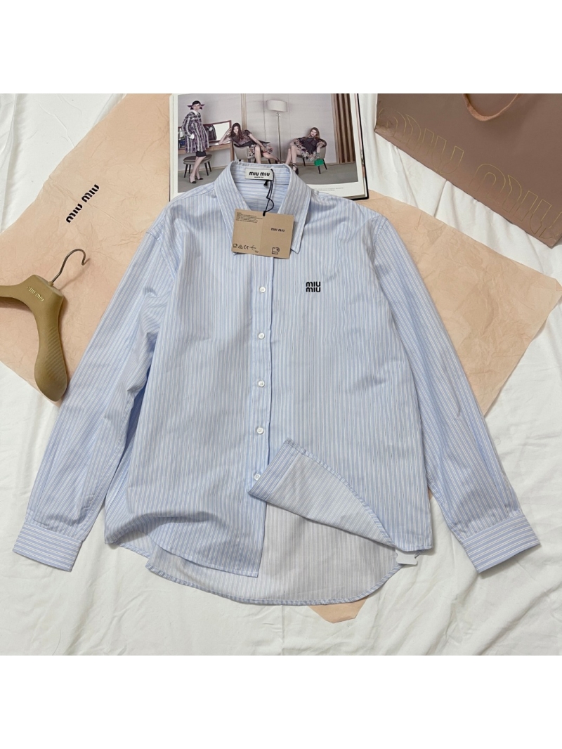 Miu Miu Exclusive Logo-Embroidered Striped Cotton Shirt in Light Blue & White