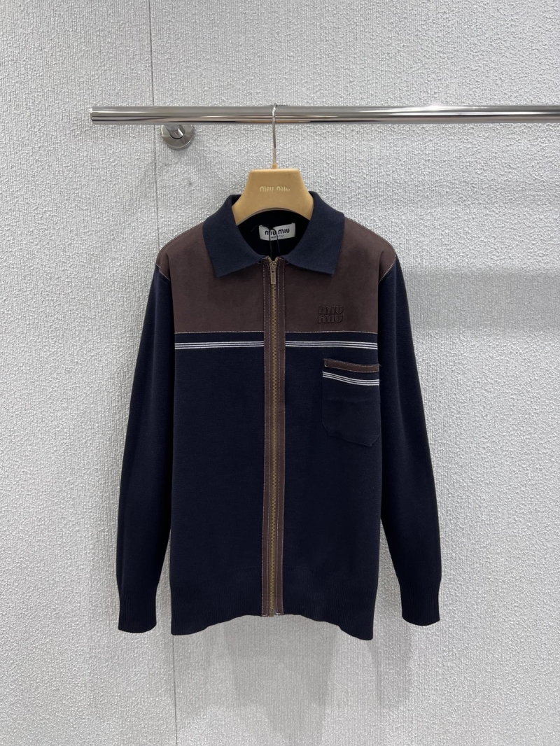 Miu Miu Early Fall Wool and Suede Zip-Front Knit Cardigan in Navy Blue