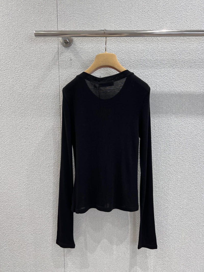 Miu Miu Long-Sleeved Tencel Wool Blend T-Shirt in Black