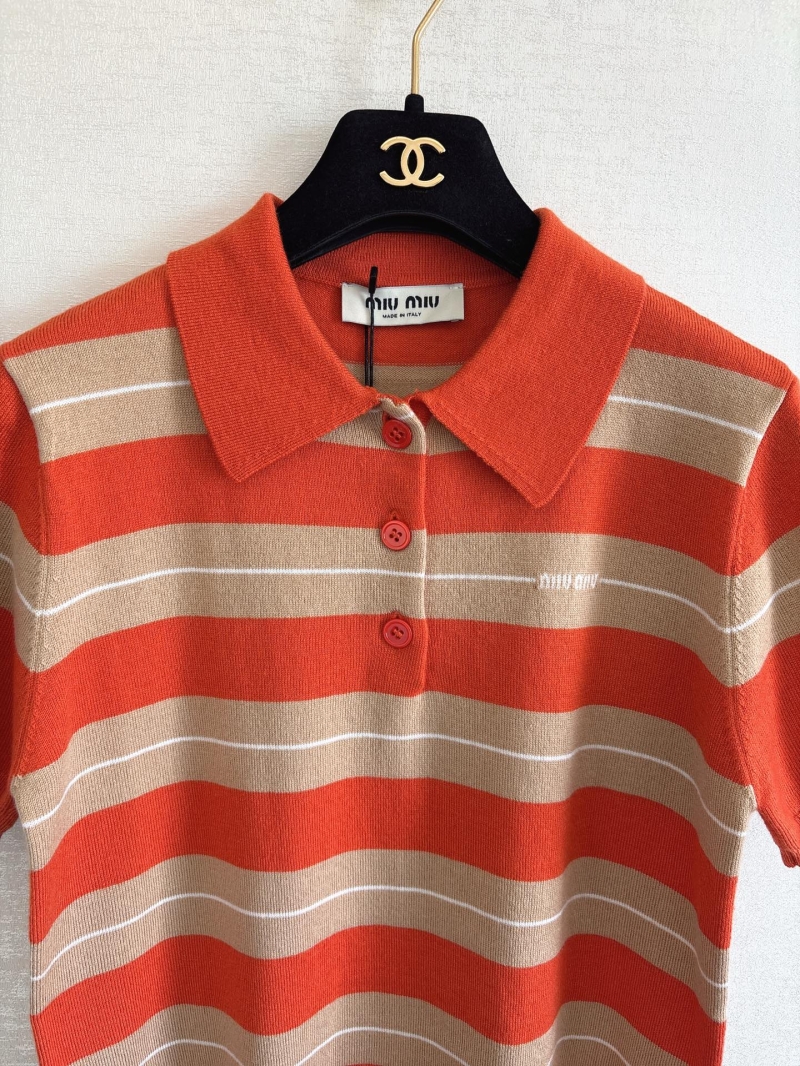 Miu Miu Wool Striped Polo Shirt in Taupe Yellow - Preppy Luxury Knitwear