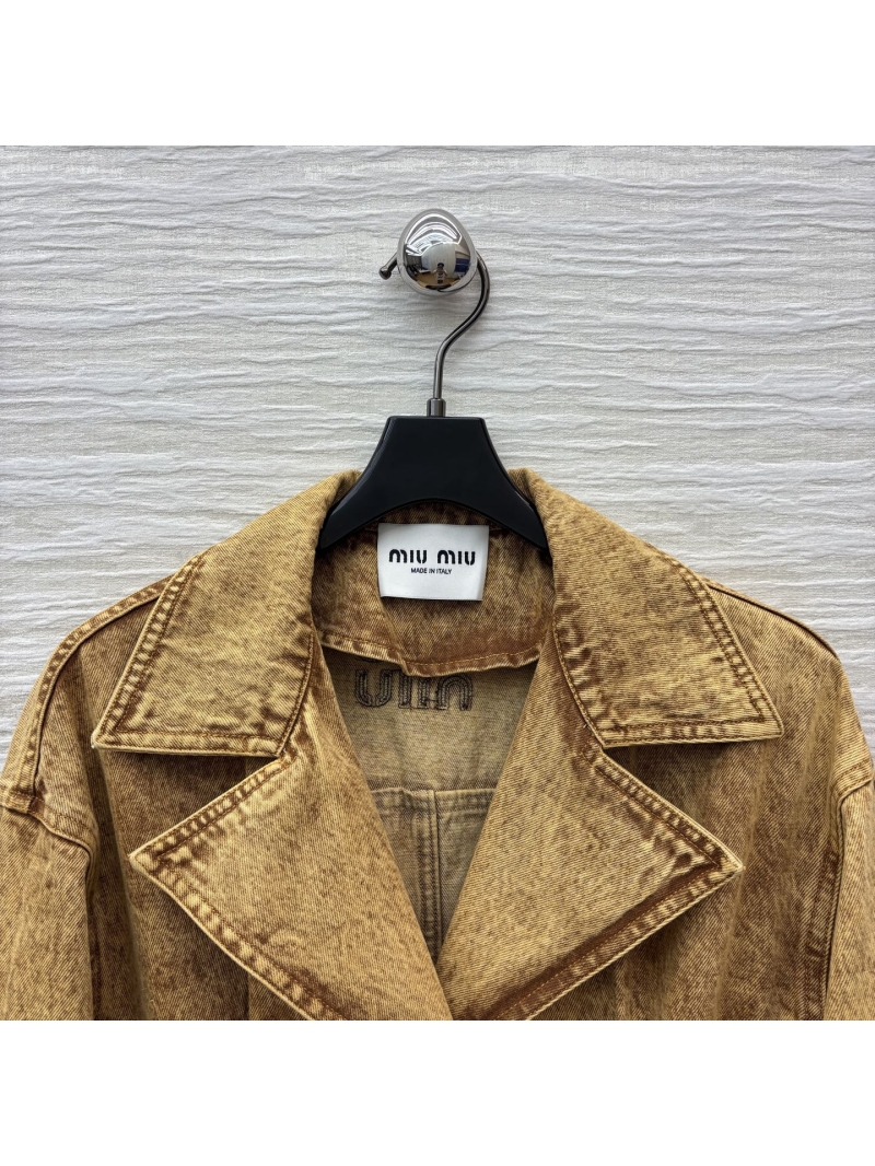 Miu Miu Vintage Acid-Wash Belted Denim Jacket in Golden-Brown, Double-Breasted Cropped Luxury Outerwear