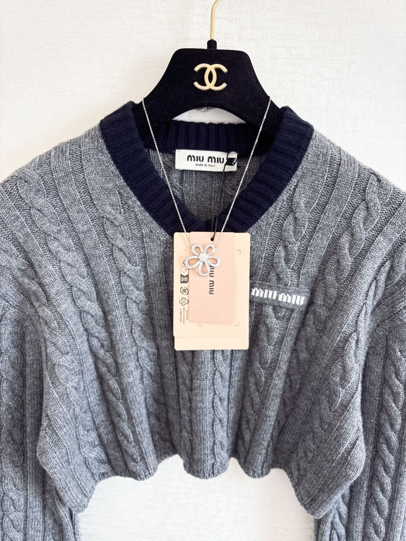 Miu Miu Cable-Knit V-Neck Wool Sweater in Gray - Luxe YB Custom Yarn, Collegiate Style