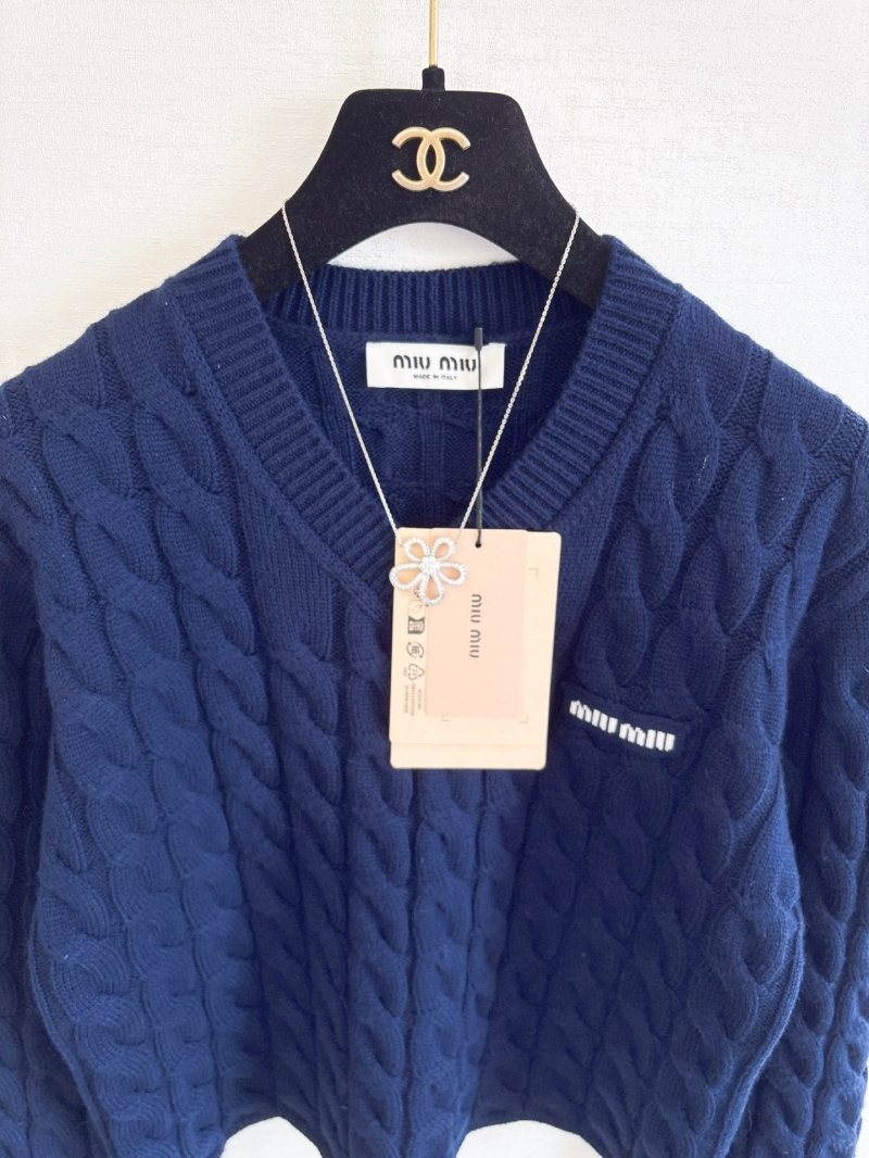Miu Miu Exclusive Cable-Knit V-Neck Sweater in Deep Navy Blue