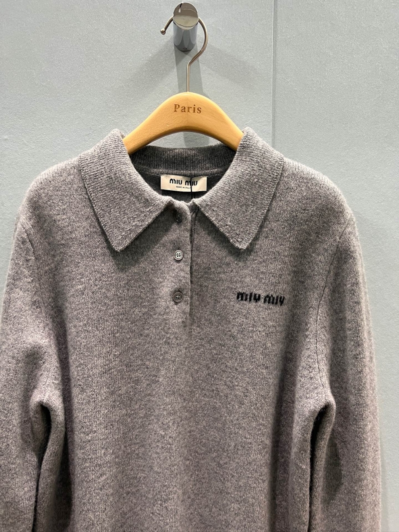 Miu Miu Preppy Collar Knit Sweater in Soft Loose Grey, Embellished with Miu Logo