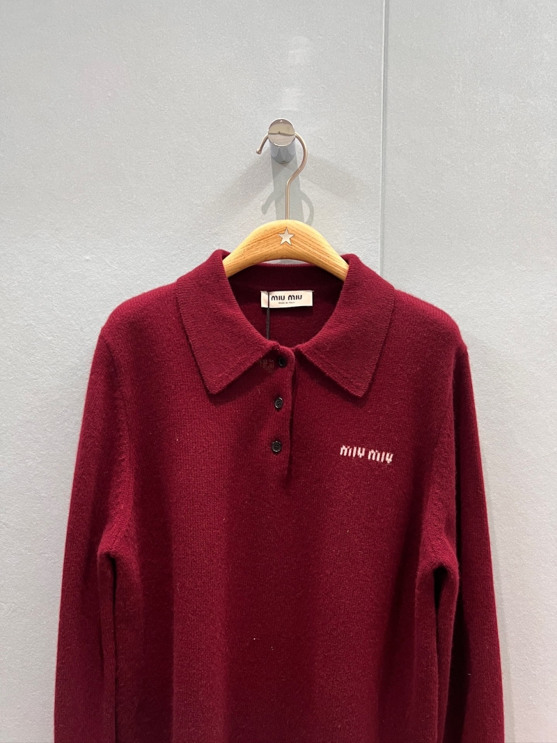 Miu Miu Cashmere-Blend Polo Collar Knitted Sweater in Vintage Burgundy