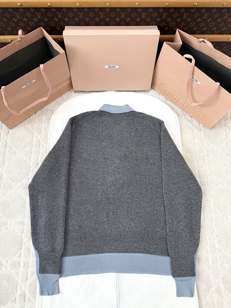Miu Miu Exclusive Wool Polo Collar Long Sleeve Sweater in Dark Gray and Light Blue