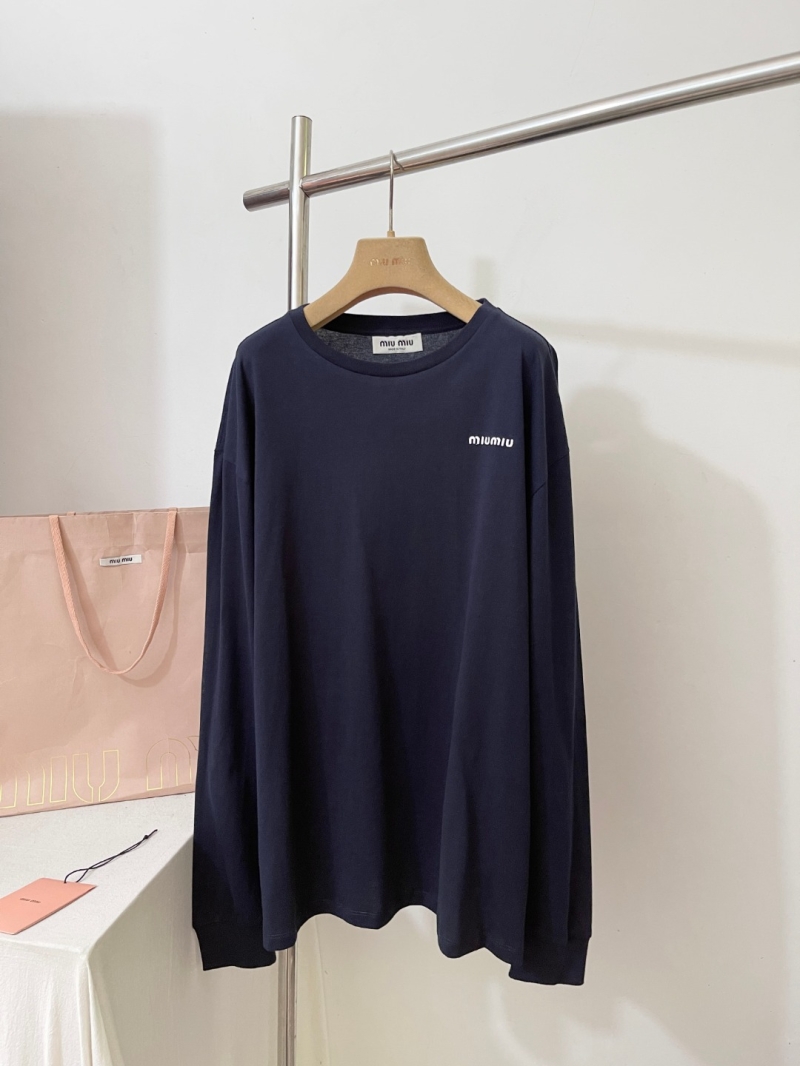 Miu Miu Unisex Long-Sleeve T-Shirt in Dark Navy Blue with Embroidered Logo