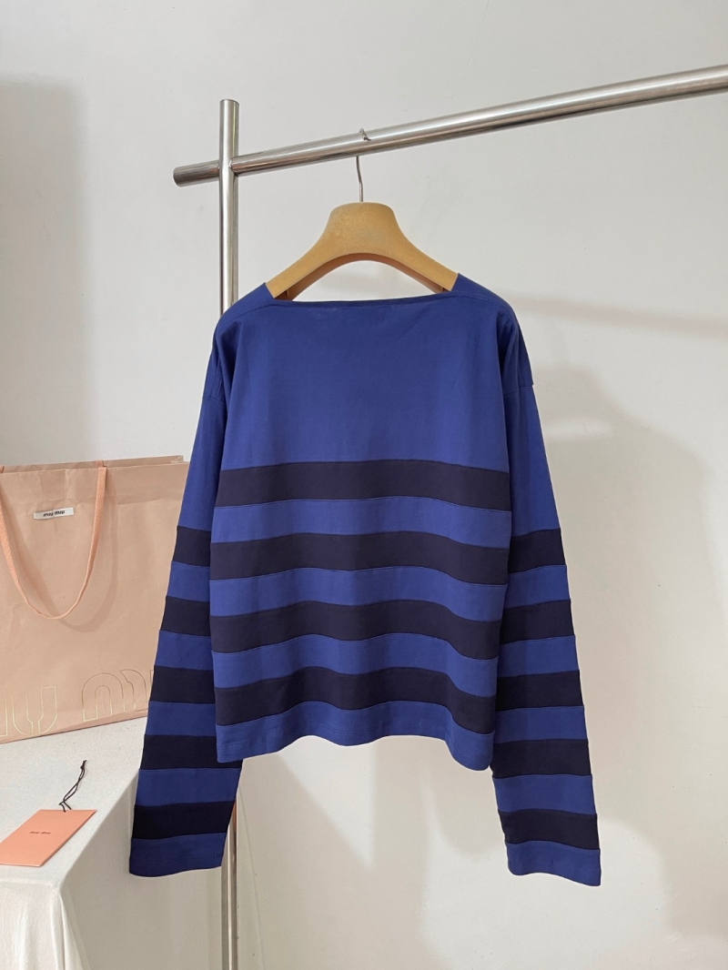 Miu Miu Striped Boat Neck Long Sleeve Shirt in Contrasting Blue Hues