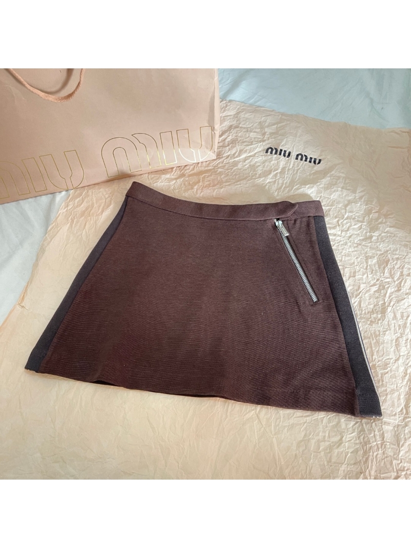 Miu Miu Textured Ribbed Brown Skirt with Embroidered Logo