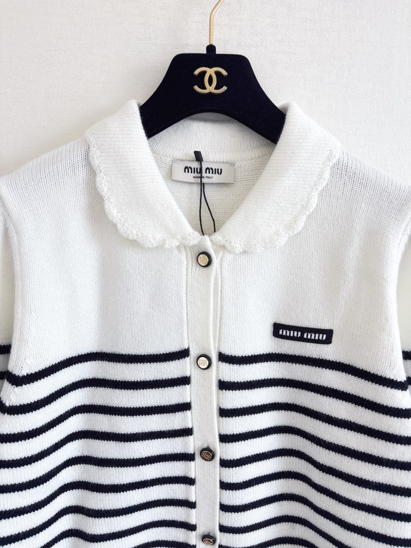 Miu Miu Women's Striped Knit Cardigan - White & Black, Cropped Fit, Peter Pan Collar