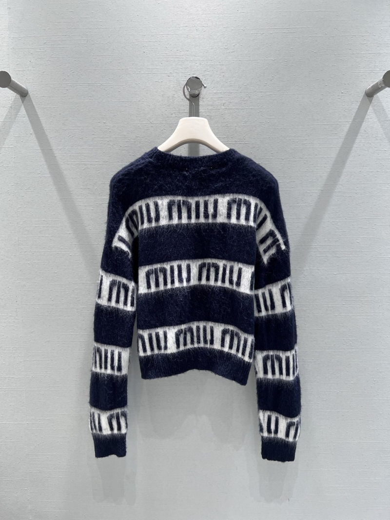 Miu Miu Mohair Logo Sweater - Navy & Cream, Cropped Knit, Short Sleeve