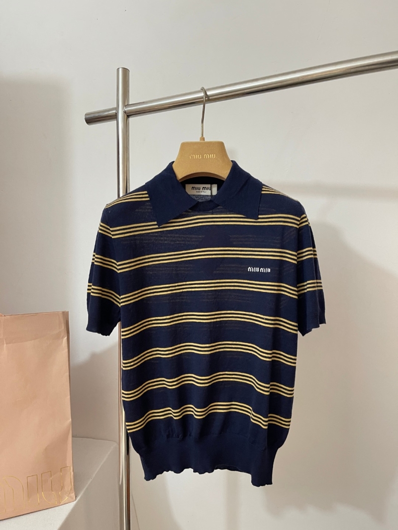 Miu Miu Short-Sleeve Polo Shirt in Navy Blue and Golden Yellow Stripes, Slim Fit, Embroidered Logo