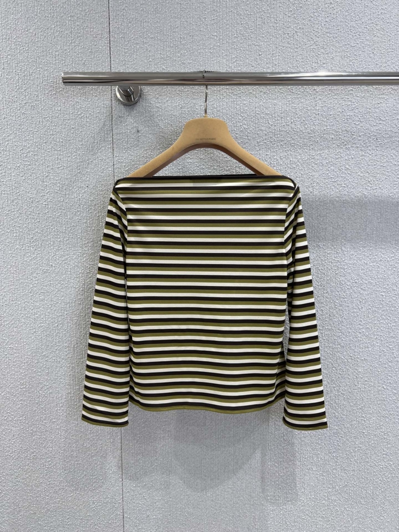 Miu Miu 25FW Early Autumn Off-Shoulder Striped Long Sleeve T-Shirt and Skirt Set in Olive Green, Black, and White