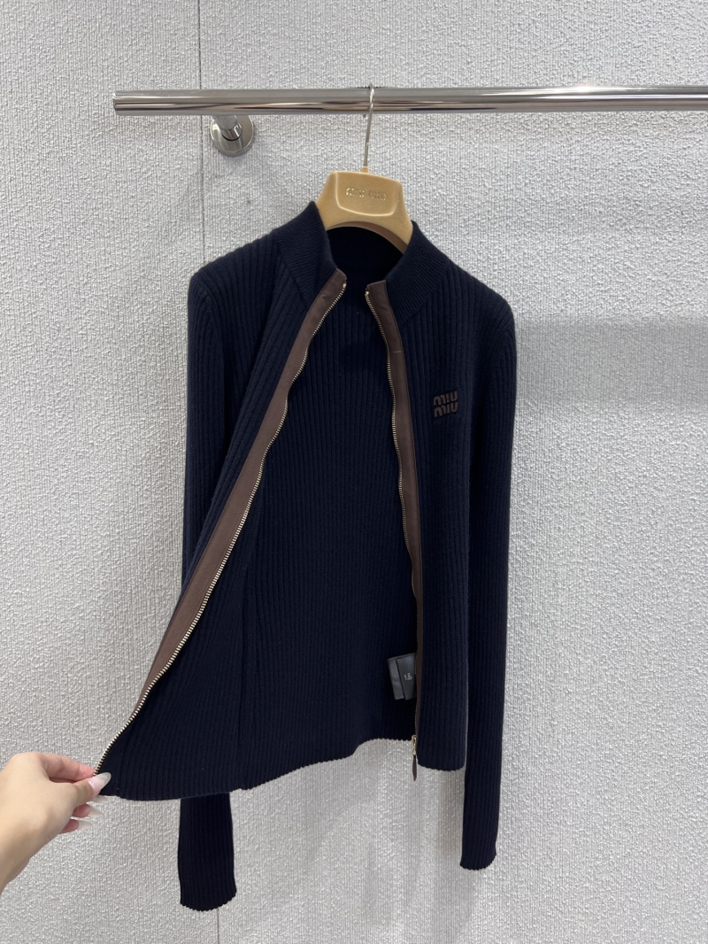 Miu Miu Mock Neck Zip-Front Knit Cardigan in Navy with Brown Accents