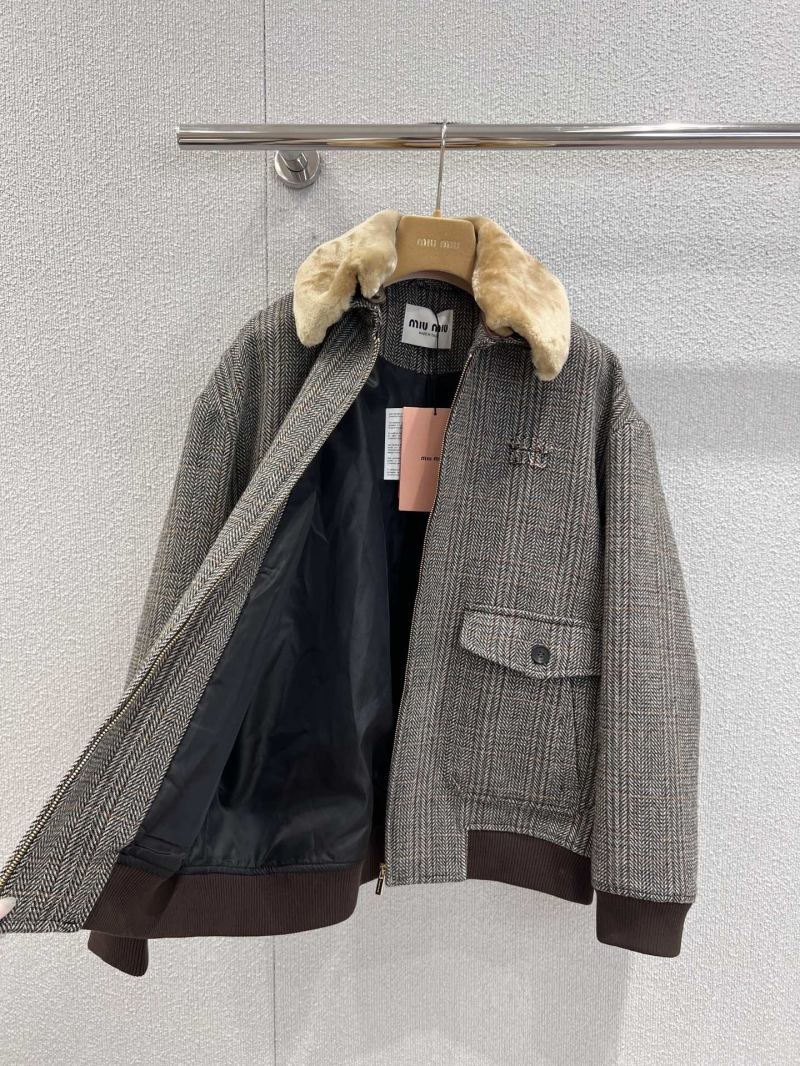 Miu Miu Herringbone Wool Bomber Jacket with Detachable Faux Fur Collar