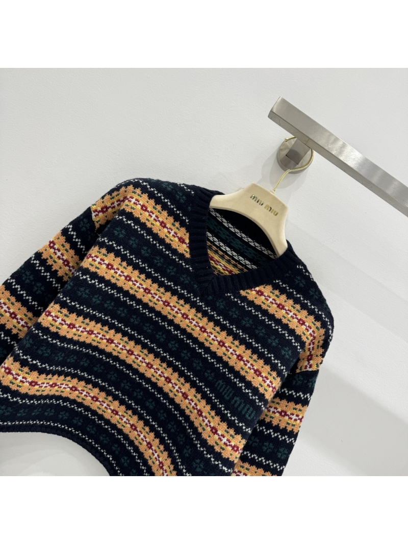 Miu Miu Fair Isle Cropped V-Neck Sweater – Exquisite Artisan Knitwear in Navy Blue with Autumnal Color Palette