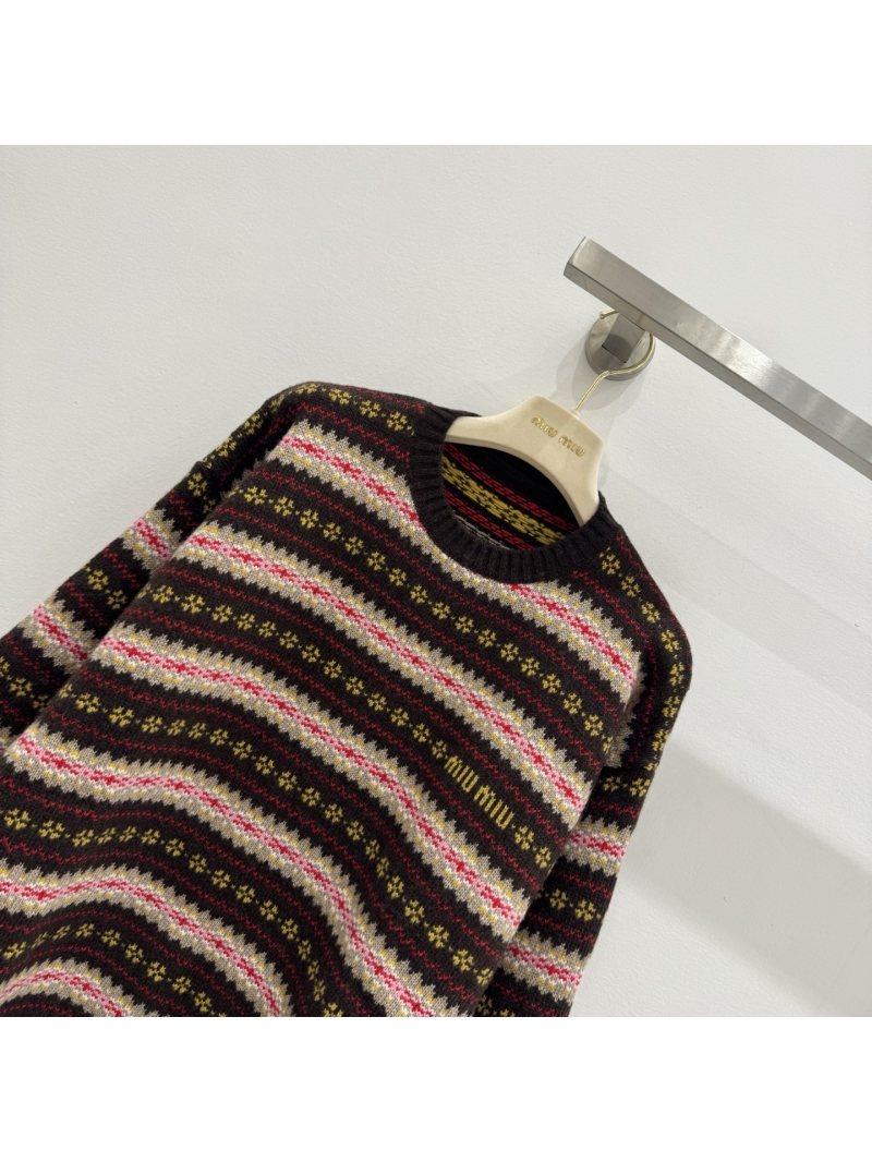 Miu Miu Fair Isle Knit Sweater, Long Sleeve Crew Neck with Striped Pattern, Charcoal Black with Red, Pink, Beige, and Yellow Accents