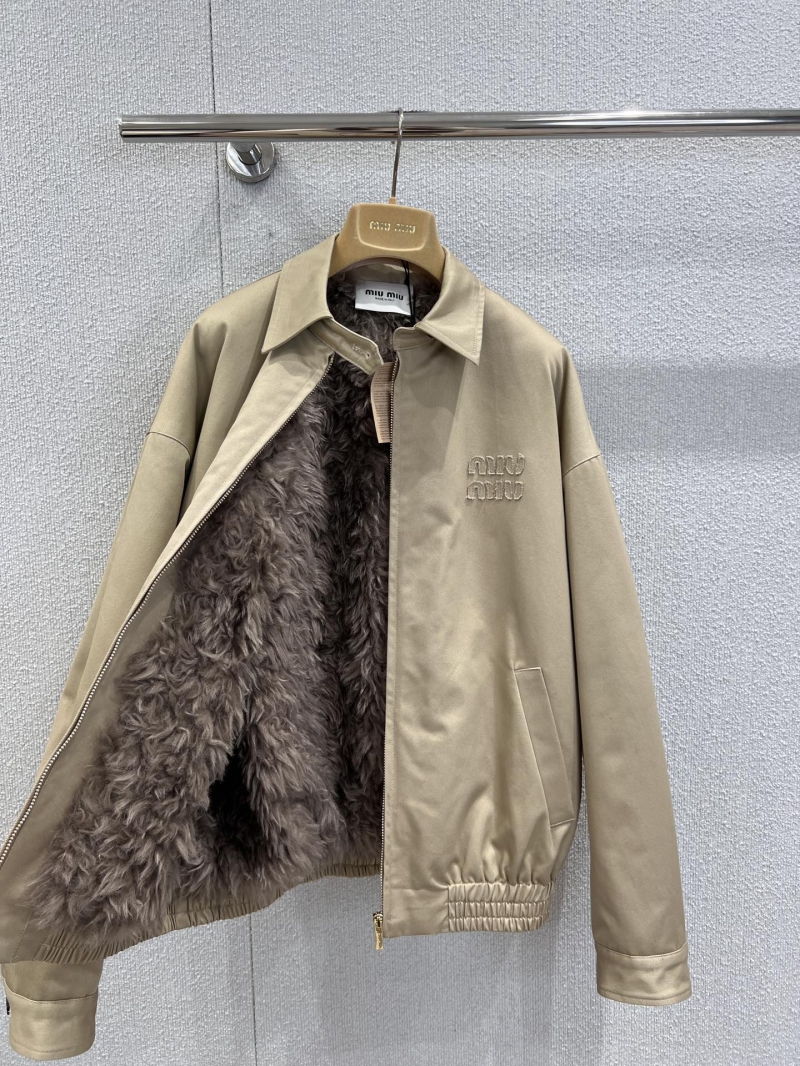 Miu Miu 25FW Shearing Wool Bomber Jacket in Taupe | Dropped Shoulder, Drawstring Waist, Embroidered Logo