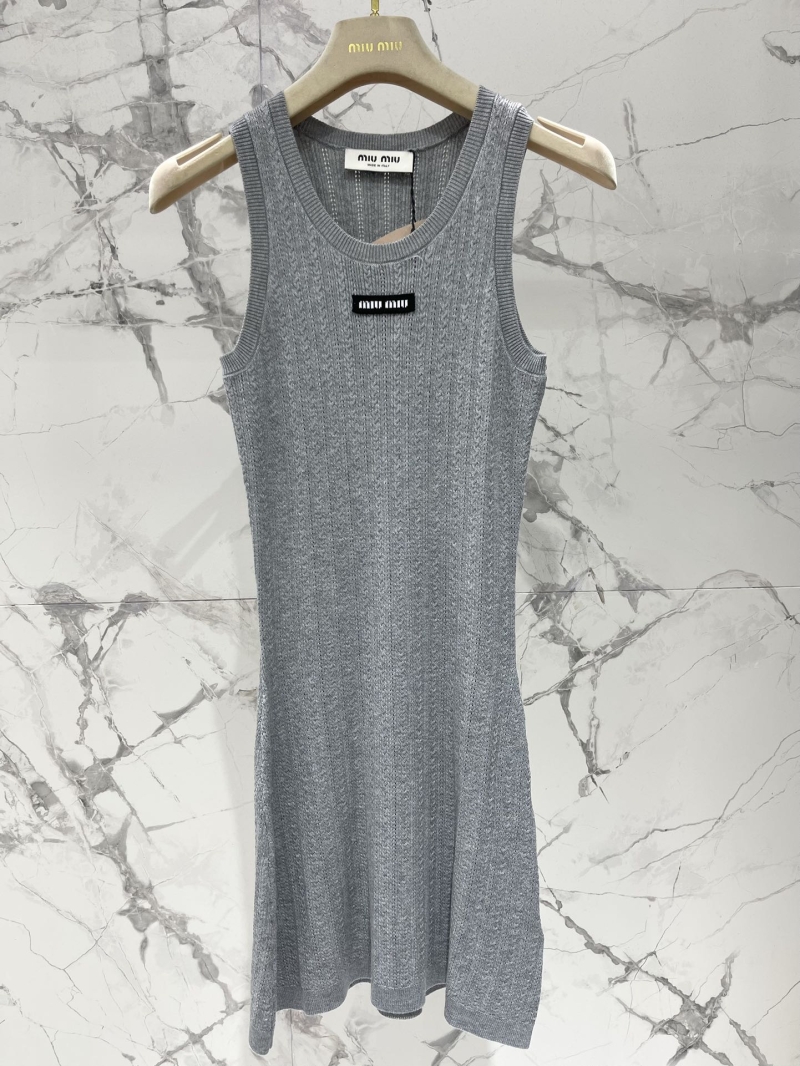 Miu Miu Elegant Grey Hollow-Out Knit Vest Dress