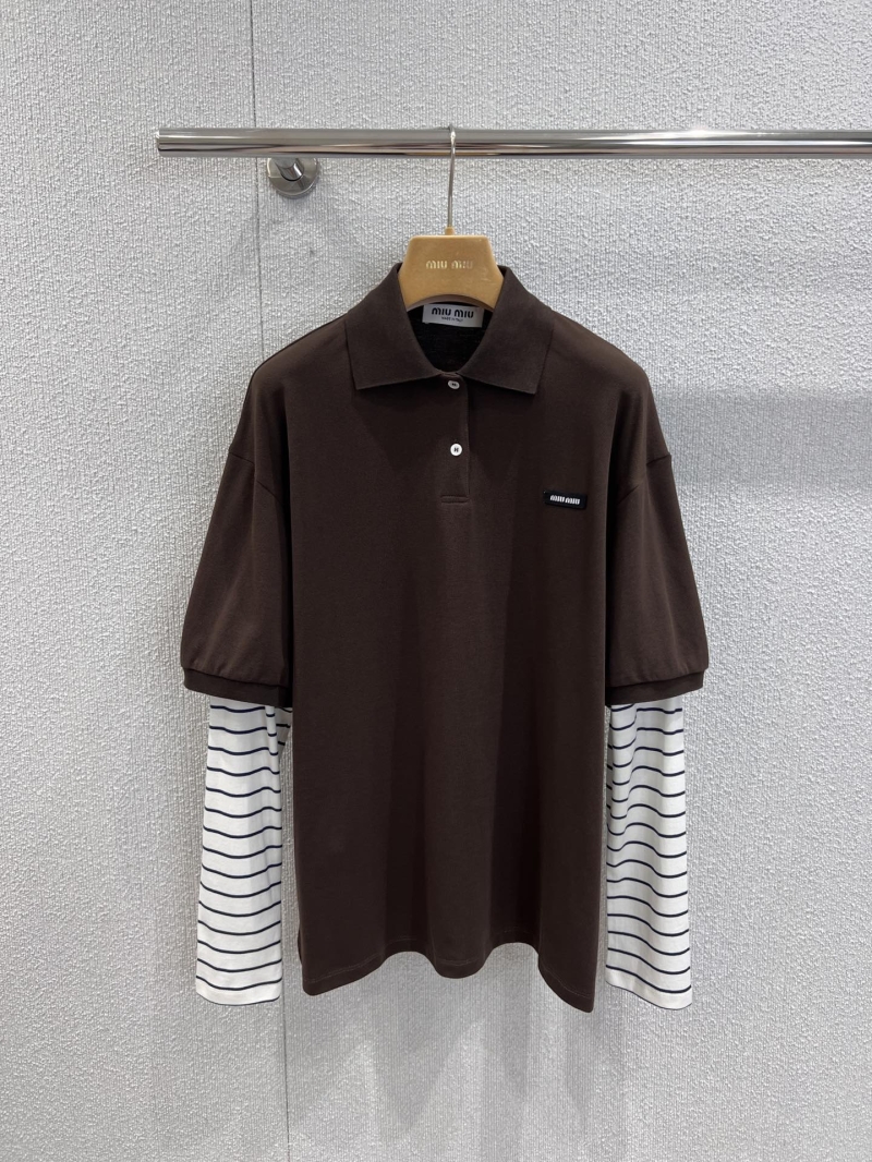Miu Miu 25FW Unisex Striped Polo Collar Faux Two-Piece T-Shirt - Chic & Exclusive
