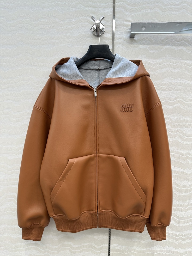 Miu Miu Unisex Oversized Hooded Leather Jacket in Caramel Brown - Luxe Retro Style