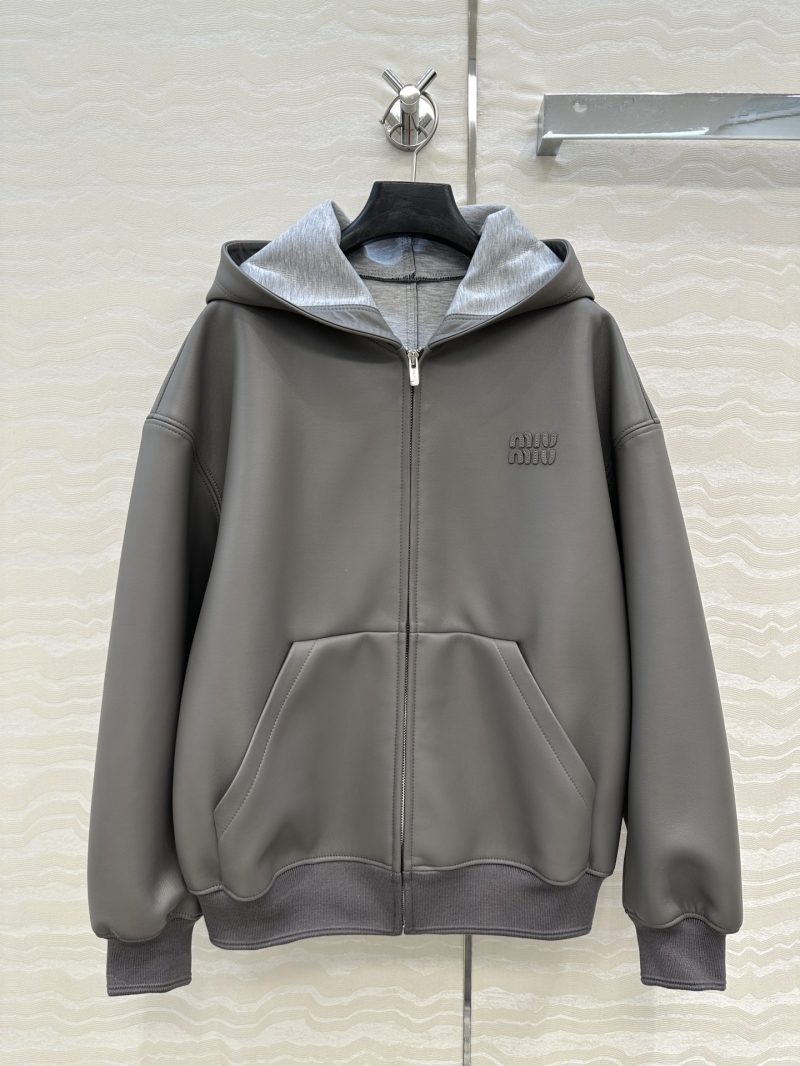 Miu Miu Unisex Oversized Hooded Leather Jacket - Premium Lambskin Luxe Gray