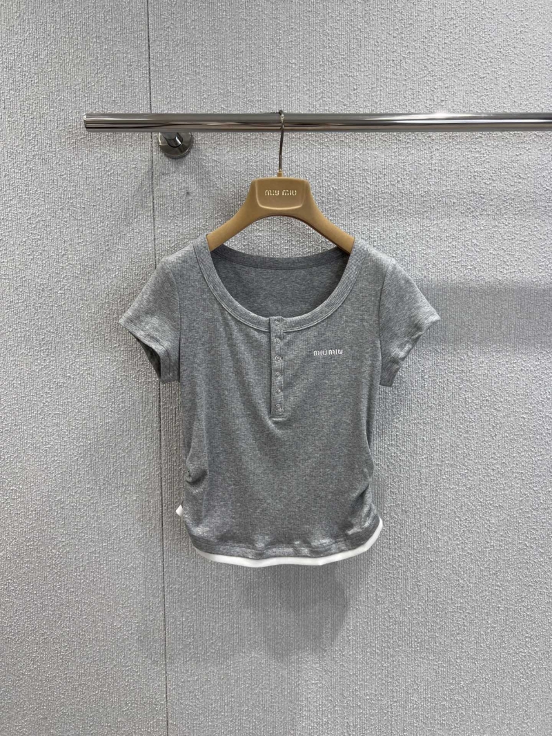 Miu Miu 25SS Spring Summer Embroidered Cotton Top & Tencel Denim Wide-Leg Set in Grey - Exclusive Chic Design