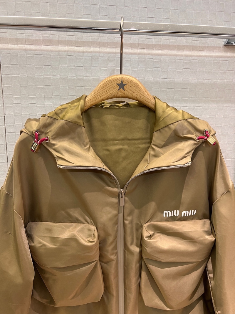 Miu Miu Red Rope Hooded Nylon Windbreaker Jacket in Khaki - Chic & Versatile
