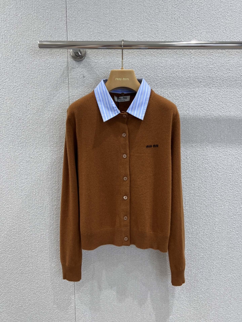 Miu Miu Early Autumn Letter Jacquard Knit Cardigan in Caramel