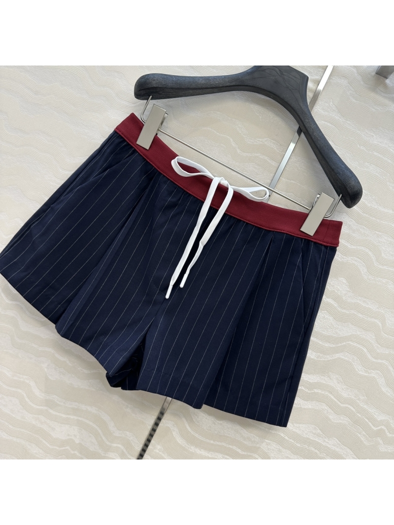 Miu Miu Exclusive Navy Blue Striped Wool Shorts with Contrast Ribbon Waistband