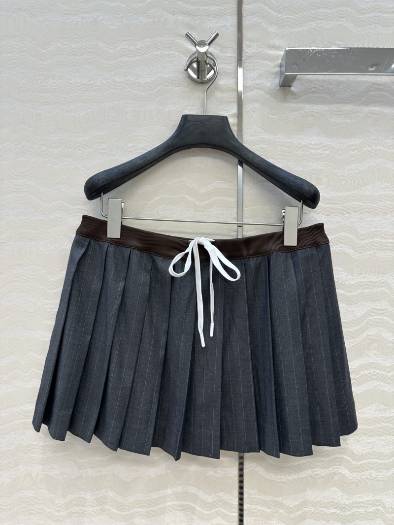 Miu Miu Exclusive Pleated Mini Skirt in Luxe Gray Stripe Wool with Contrast Ribbon Waist