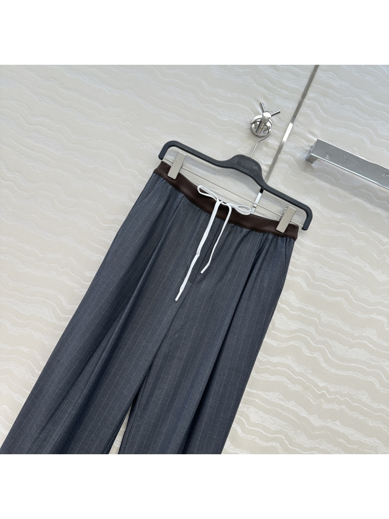 Miu Miu Exclusive Luxe Straight-Leg Trousers in Grey Stripe with Contrast Ribbon Waistband