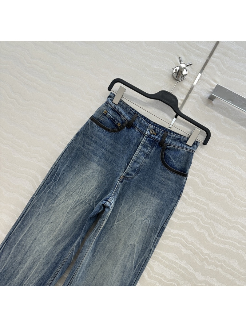 Miu Miu Exclusive Early Autumn Vintage Denim Straight Leg Pants - Retro Washed with Leather Trim