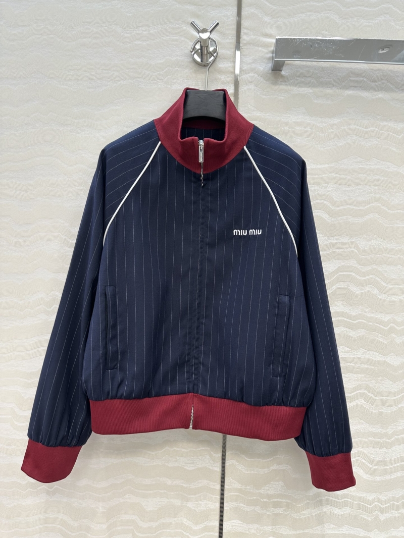 Miu Miu Exclusive Luxe Short Jacket in Navy Blue Stripes with Contrast Ribbon Collar