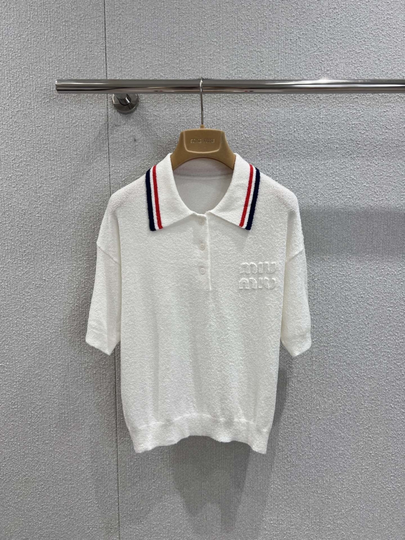 Miu Miu 25FW Early Autumn White Towel Knit Short Sleeve Polo Shirt - Exclusive College Style
