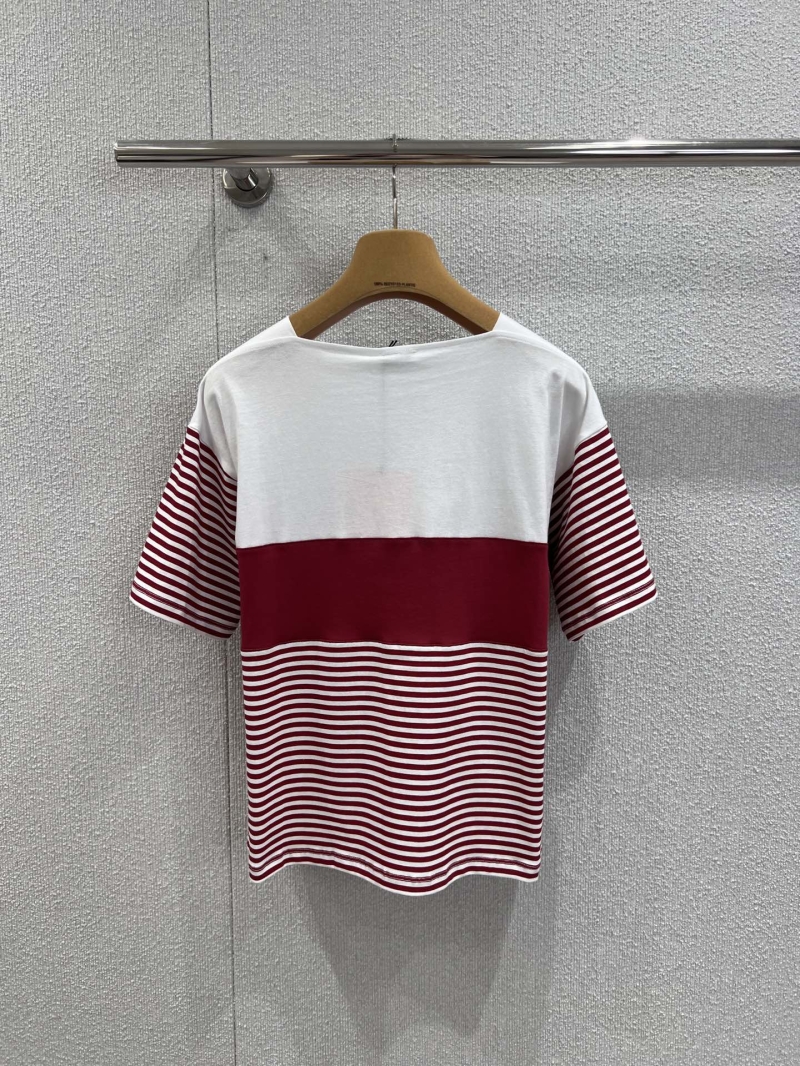 Miu Miu Striped Off-Shoulder Short Sleeve T-Shirt in White & Maroon | Luxe Cotton Poplin | Relaxed Fit