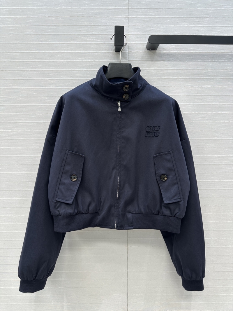 Miu Miu Luxe Navy Blue & Green Grid Bomber Jacket with Embroidered Logo