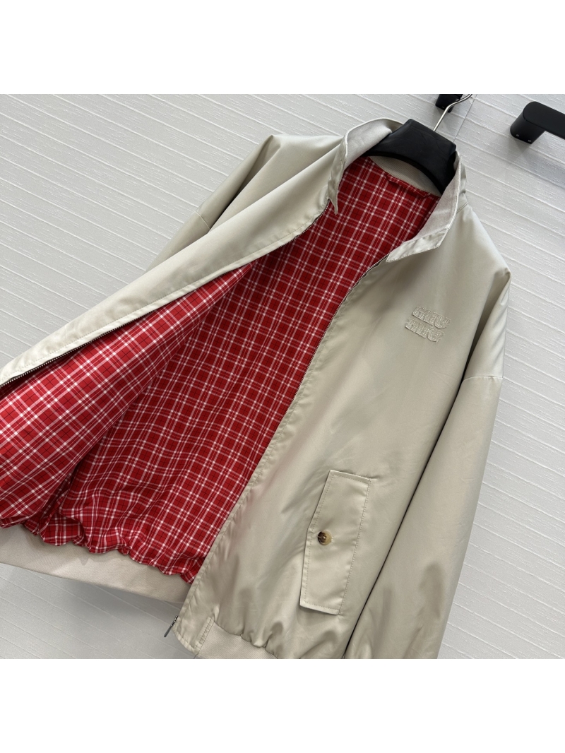Miu Miu Luxe Khaki & Red Plaid Jacket - Embroidered Logo, Oversized Fit