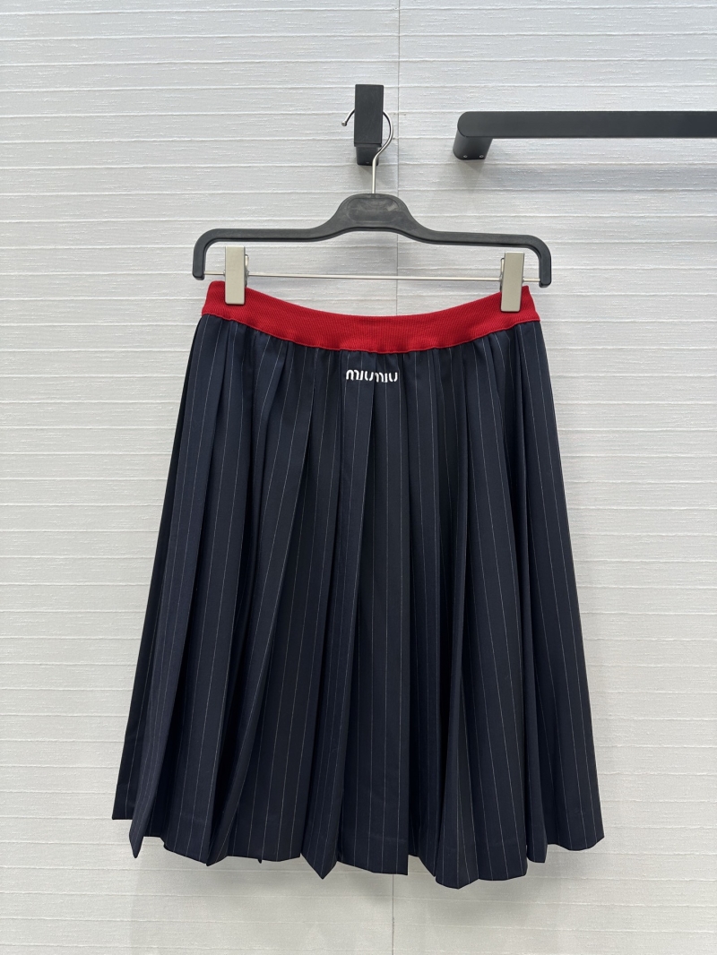 Miu Miu Pleated Midi Skirt in Navy Blue - Luxe Wool Blend with Contrast Ribbon Waist