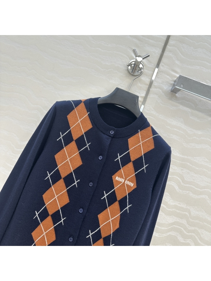 Miu Miu AGRYLE Argyle Pattern Round Neck Cardigan in Blue & Orange - 100% Pure Wool