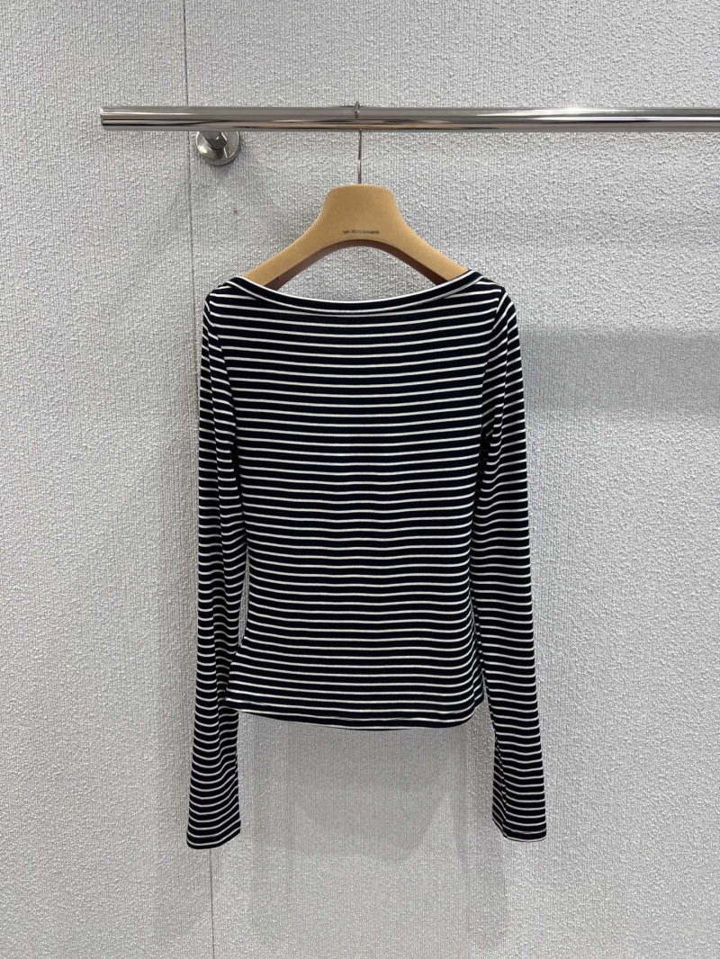 Miu Miu Early Fall Collection Off-Shoulder Tencel Wool Striped Base Layer Shirt in Navy & White