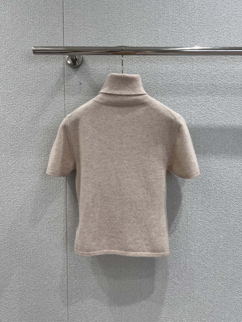 Miu Miu Oatmeal Short-Sleeve High-Neck Cashmere Sweater | Luxe 100% Cashmere Knitwear