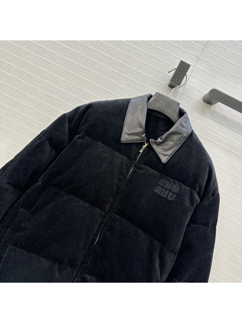 Miu Miu Exclusive Corduroy Down Jacket with Genuine Leather Collar - H-Line Silhouette