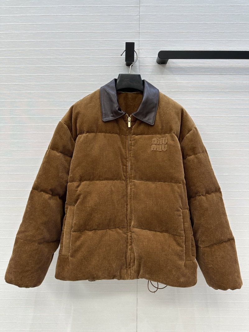 Miu Miu Exclusive Corduroy Down Jacket with Genuine Leather Collar - Caramel