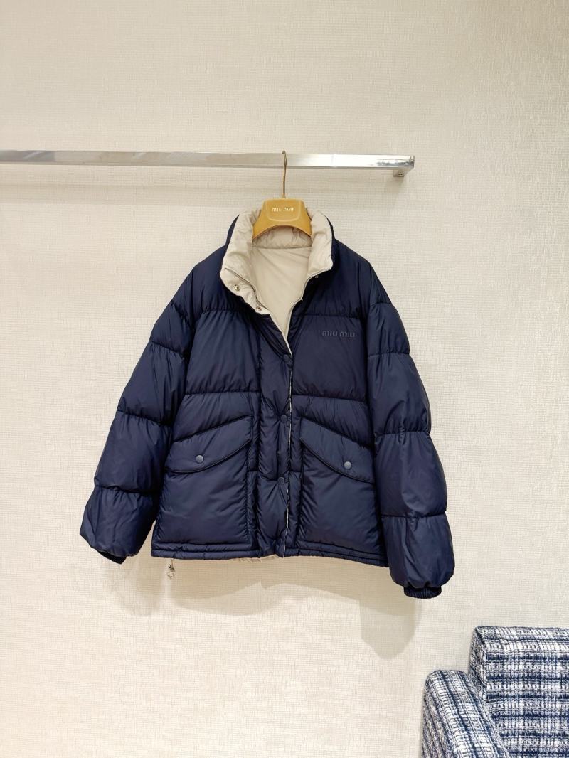 Miu Miu Women's & Men's Reversible Down Jacket - Sumptuous 90% White Goose Down, Featherlight & Luxe in Beige & Navy Blue