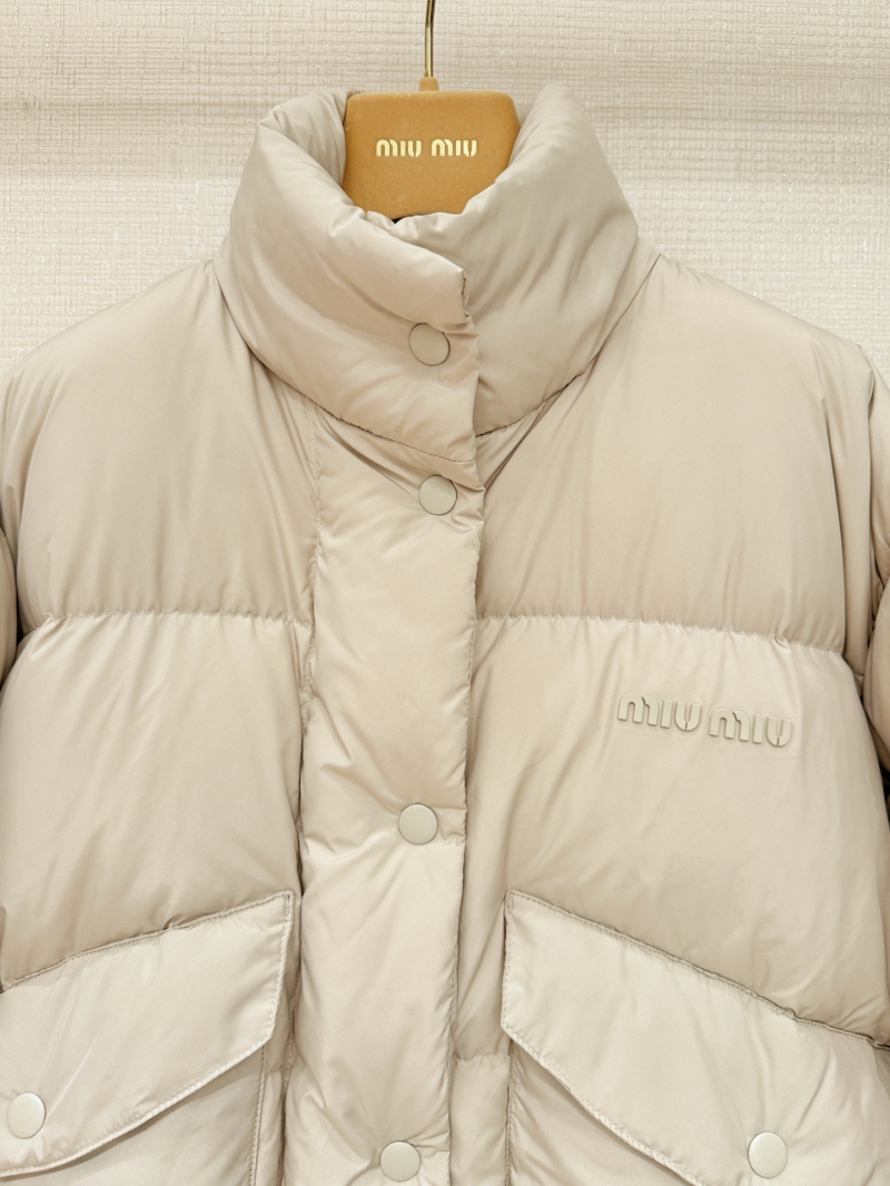 Miu Miu Women's Short Puffer Jacket with Stand Collar, Beige | Exquisite Tailored Fit, Featherlight Warmth, Couture-Inspired Design