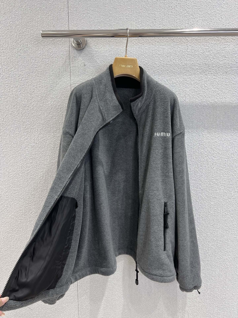 Miu Miu Unisex Grey Fleece Stand Collar Jacket with Contrast Logo Embroidery, Luxe Oversized Fit, Soft Touch Fabric
