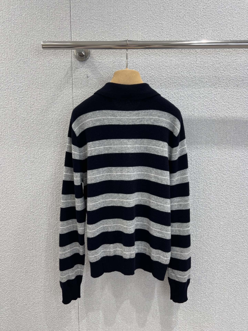 Miu Miu 25FW Early Autumn Striped Half-Zip Cashmere Polo Sweater | Navy & Heather Gray | Artisan Crafted