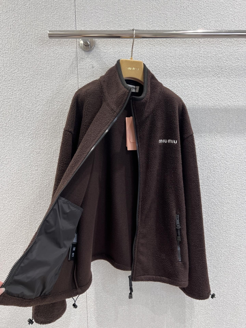 Miu Miu Chocolate Brown Fleece Zip-Up Stand Collar Jacket | Embroidered Logo, Relaxed Fit, Made in Italy